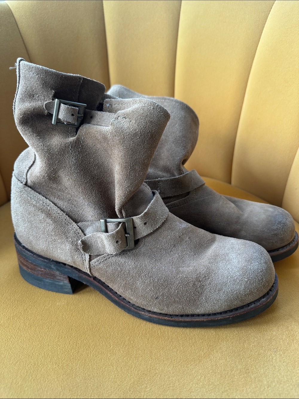 Classic Taupe Suede Buckle Ankle Booties